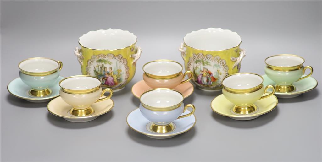 A pair of Dresden cache pots and a Danish porcelain coffee set, tallest 9.5cm